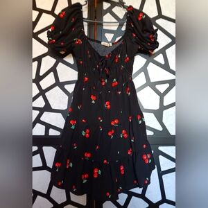 Liberty Love - Puff Sleeve Mini Dress w/ Cherry Print - Black/Red - M